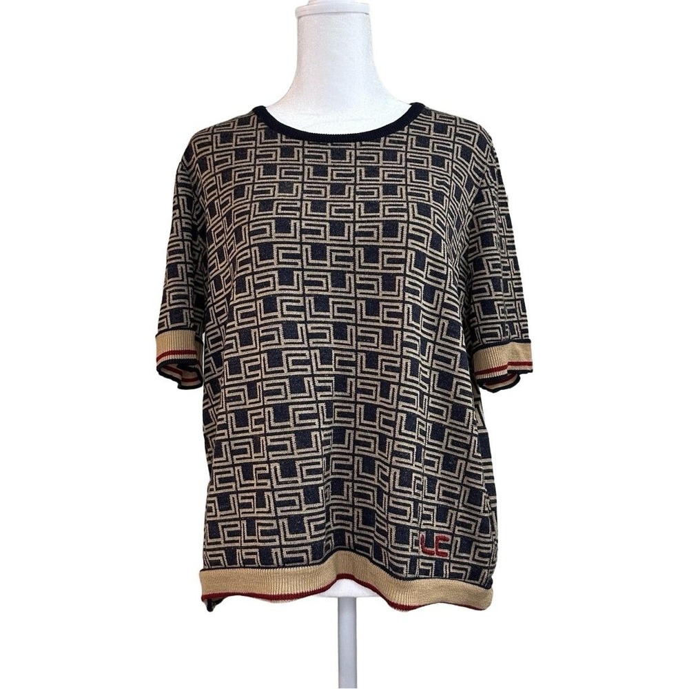 Les Copains Women's 100% Virgin Wool Geometric Logo Knit SS Sweater IT 50